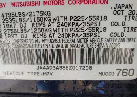 2014 Mitsubishi Outlander Se z USA, uszkodzony, nr VIN JA4AD3A38EZ017208